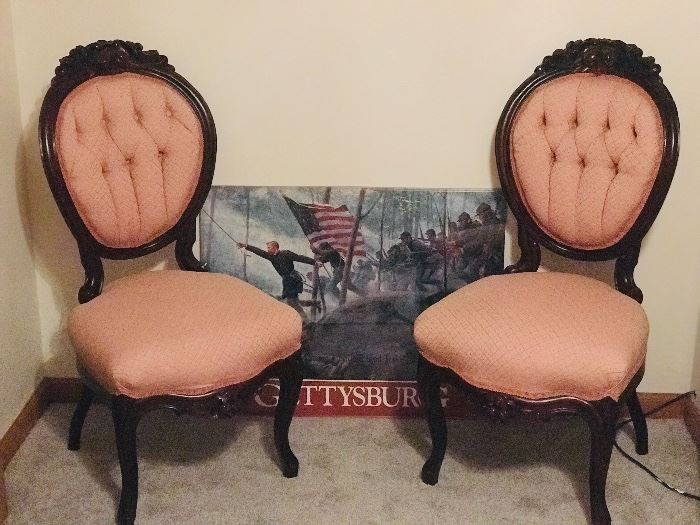 Pair of Ca 1880 Victorian Side Chairs, Gettysburg print Mort Kunstler
