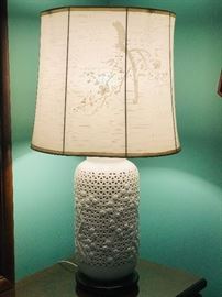 Blanc de chine lamp with hand painted silk shade