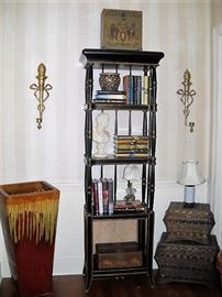 BLACK AND GOLD SHELF AND 33" TALL GLAZED POT