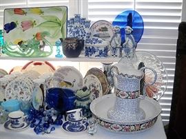 LONGTON BLUE AND WHITE BOWL AND PITCHER