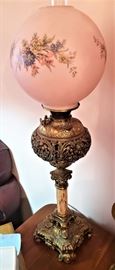 Brass and Onyx Column Lamp with hand painted globe shade