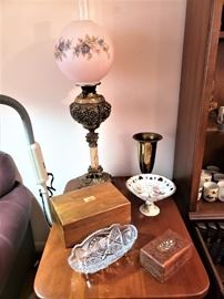 Brass and Onyx Column Lamp with hand painted globe shade,  Assorted Glass and Boxes