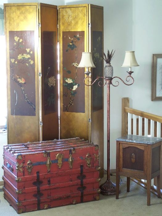 Antique wood steamer trunk, hand-painted screen, pineapple decor
