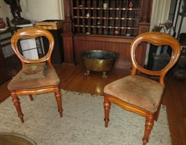 Pair, Late-19th. C. Balloon Back Side Chairs; large oval Brass Jardiniere w/ Paw Feet & Liner