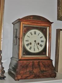 Antique English Burled Mantle Clock w/ Brass Inlay