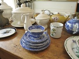 Vintage English Blue Willow Plates, Cups & Saucers