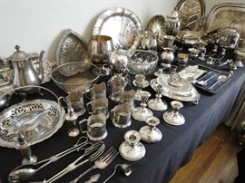 Lots of Vintage Silver Plate Serving Pieces; 5 Sterling Candelsticks