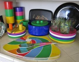 Set of Colorful Heller Dinnerware; "Mod" 1970's Vera Placemats; Couroc Tray