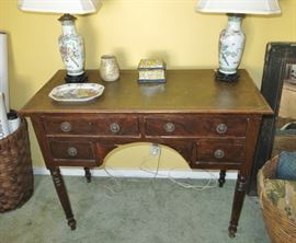 Vintage Mahogany Leather Top Desk;  Pair of Antique Vase / Lamps