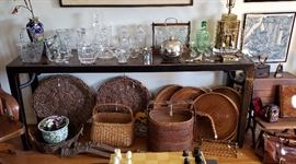 Long Lacquered Sofa Table; Vintage Japanese Baskets