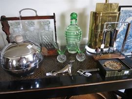 Vintage Tantalus (SOLD) with Modern Green Swirl Decanter;  pr. of Green Bubble Martini Glasses; Penguin Ice Bucket, etc.