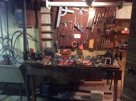 Old work bench of hand tools