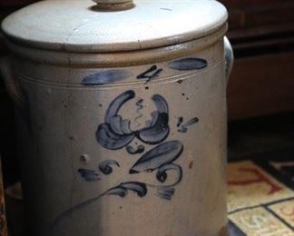 Covered two handled, blue decorated crock.