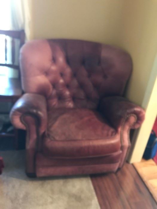 #7 Lane brown leather button back recliner with nail head front well loved 175.00
