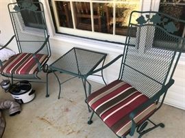 #62 (2) green springy chairs $40 ea.  #63 green end table metal 25.00 