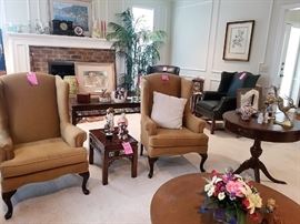 Wing back chairs.  Copper top coffee table