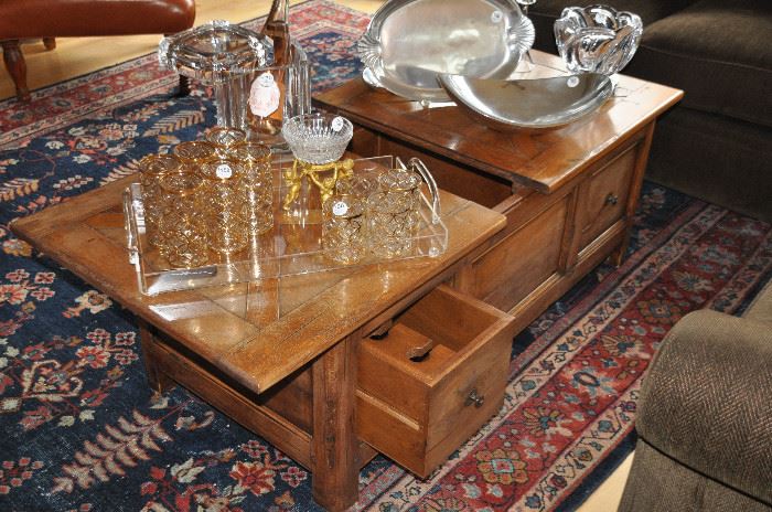 Rustic storage coffee table with 2 wine drawers,         50"w x 19"h x 25.5"w