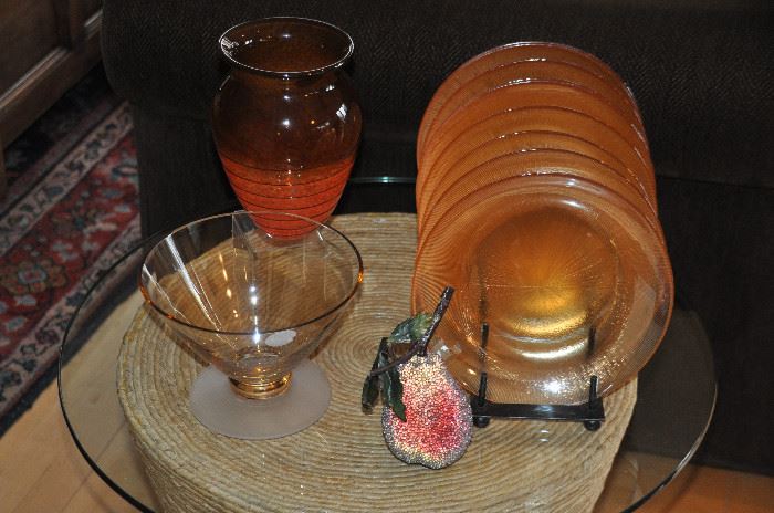 Set of 8 iridescent dessert plates, a hand blown glass vase and vintage glass serving bowl