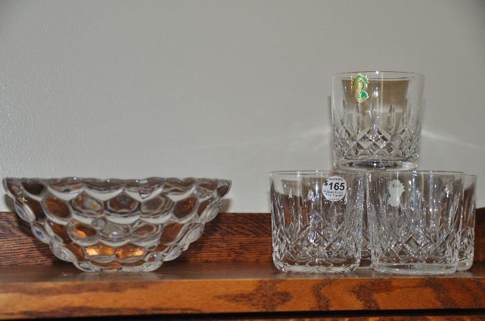 Vintage Orrefors crystal bubble candy dish shown with Waterford Lismore rocks glasses!