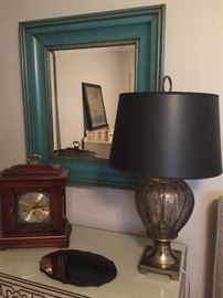 Large heavy teal mirror, metal work lamp