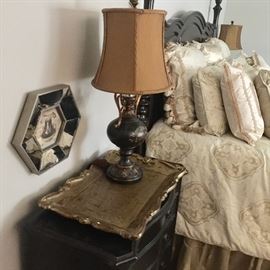 Night stand with gold tray and lamp