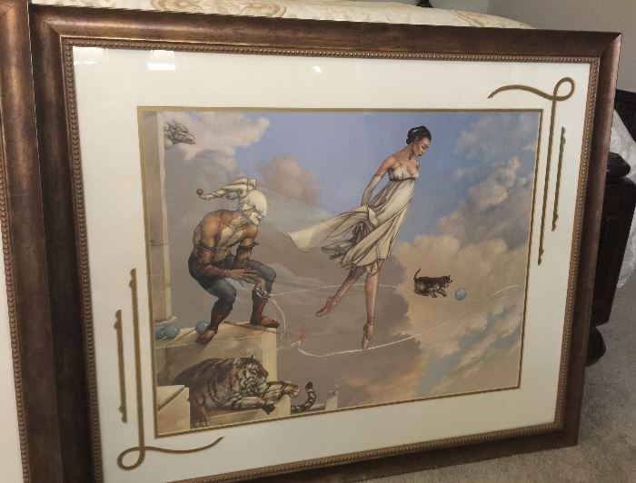 Large custom framed Michael Parkes. 