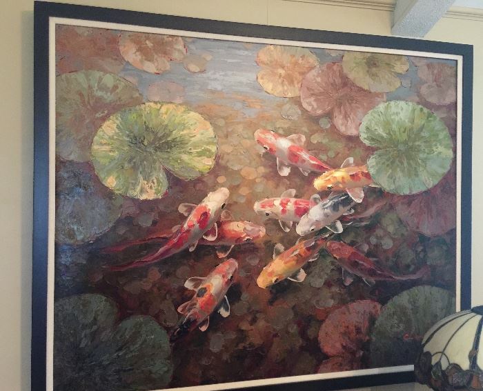 Original art work by C. Lewis of koi pond. This is a very large framed original ( 4 ft by 5 ft 4 wide) . Here is what I’ve found about the artist:
A Chinese artist called C. Lewis, Chen Tai-yu was born in 1963. The name C. Lewis was inspired by the pseudonym name of Lewis Carroll who was an American novelist, inventor, teacher and photographer. Lewis (Chen) felt a need to adopt a name that would create a more universal interest in his work. From 1982 to 1985, he studied in the National Central Fine Art Institute in Guangdong. After his graduation, C. Lewis started his career as a professional artist. He is currently holding an associate membership at the National Chinese Artist Association & Guangzhou Graduate School of Oil Painting. The Vineyards began as a series of painting color from nature or painting light with light itself. The metamorphosis of colored light across vast distances, the reflections of light on the grass, flowers, and trees are painted with enormous skill
