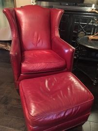 Red leather chair and ottoman. Brand is King Hickory purchased at Swann’s Furniture in Tyler. 