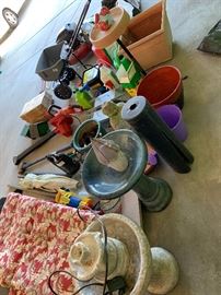 outdoor fountain, bird bath, bird houses, pots, etc
