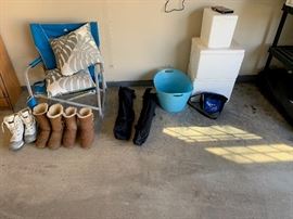 brand new outdoor rocker, chair cushions, folding camp chairs, boots, etc