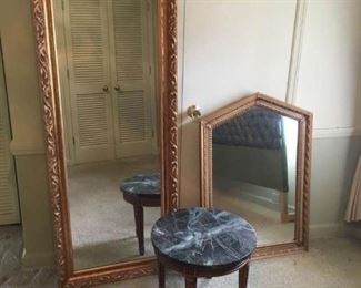 Two Ornate Gold Toned Mirrors and Marble Top Table