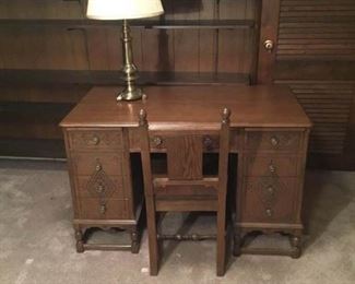 Wooden Desk, Chair, and Brass Lamp