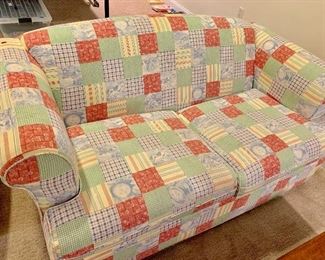 Two seat rolled arm gingham/quilt sofa