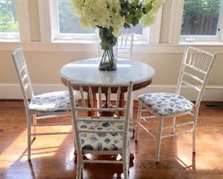 Victorian marble top table and 4 white seashell "bamboo"  chairs