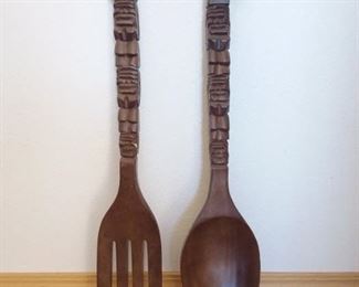 Wood Large Fork and Spoon Set