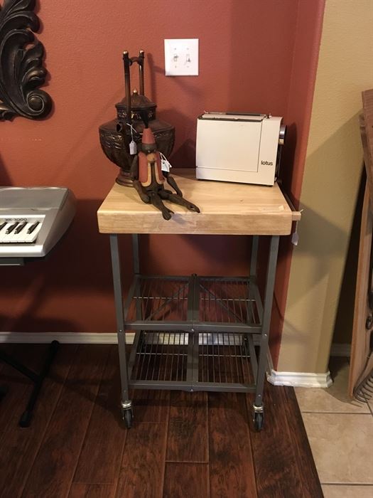 Fold up cart with butcher block top! Great for indoors or outdoors!