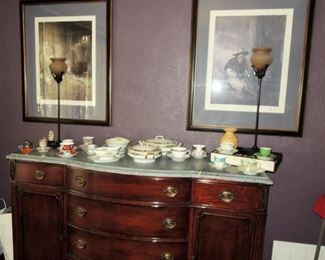 1940s buffet, large framed art, art deco lamp set