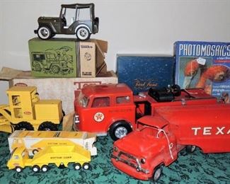 Texaco truck and fire truck, Tonka jeep and trucks - some with original (clean!) boxes
