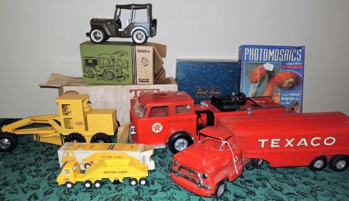 Texaco truck and fire truck, Tonka jeep and trucks - some with original (clean!) boxes