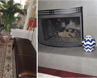 Black iron modern fireplace screen, rugs, leather bench, artificial trees, urns and pottery