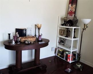 Entry table, books, home decor, heavy brass lamp