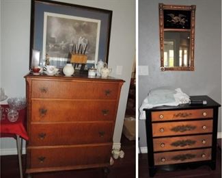 Antique chest / dressers and mirror. Large framed art