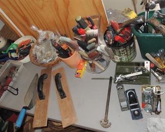 Hand tools and paint supplies: planers, wrenches, hammers, axes, screwdrivers, grips, clamps and more