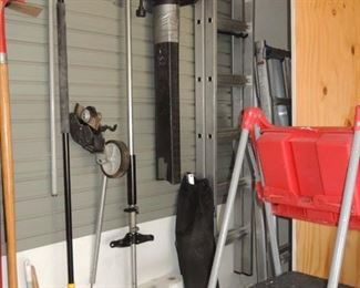 Paint ladders, shoves, rakes, brooms, Toro blower with attachments. Echo gas pole saw with edger