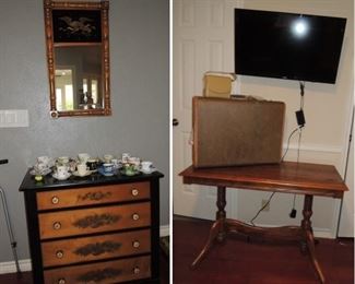 Barley twist trestle table, antique chest and mirror. Flat screen tv in every room