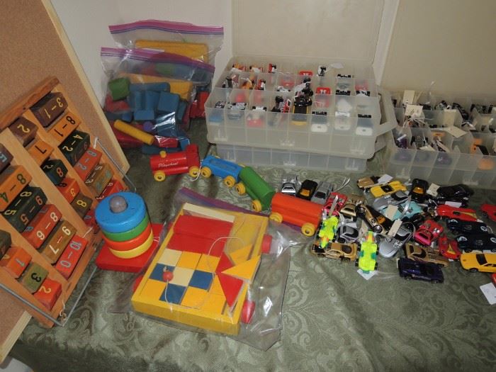vintage wood toys by Playskool. 100s of hot wheel cars 1970s to 2000s
