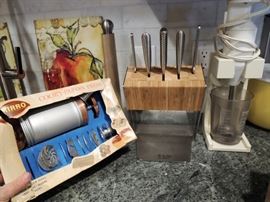 Baking supplies. stick blender. Global knife set