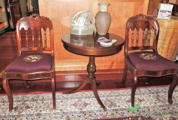 carved chair set with needlepoint bottom