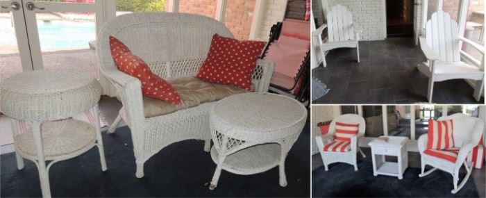 Patio and sun room. Wicker sofa, side tables, chair and rocking chair. Poly Wood chair set