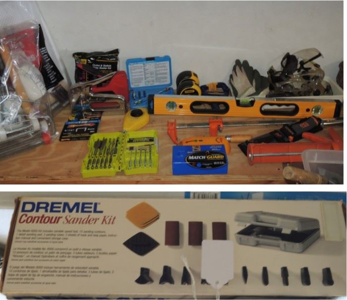 Dremel Sander, drill bits, levels, clamps, grips and so much ore